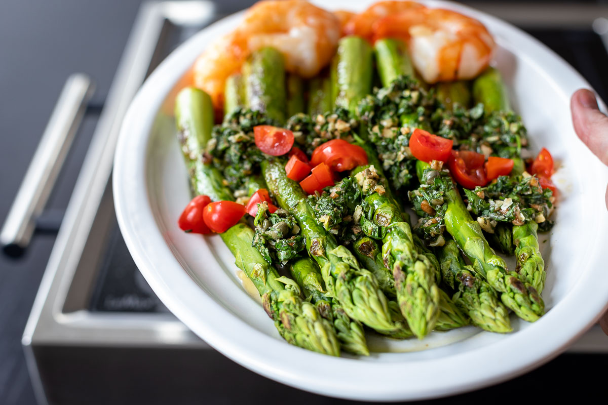 Lemax Grill with asparagus, prawns and Italian salsa verde